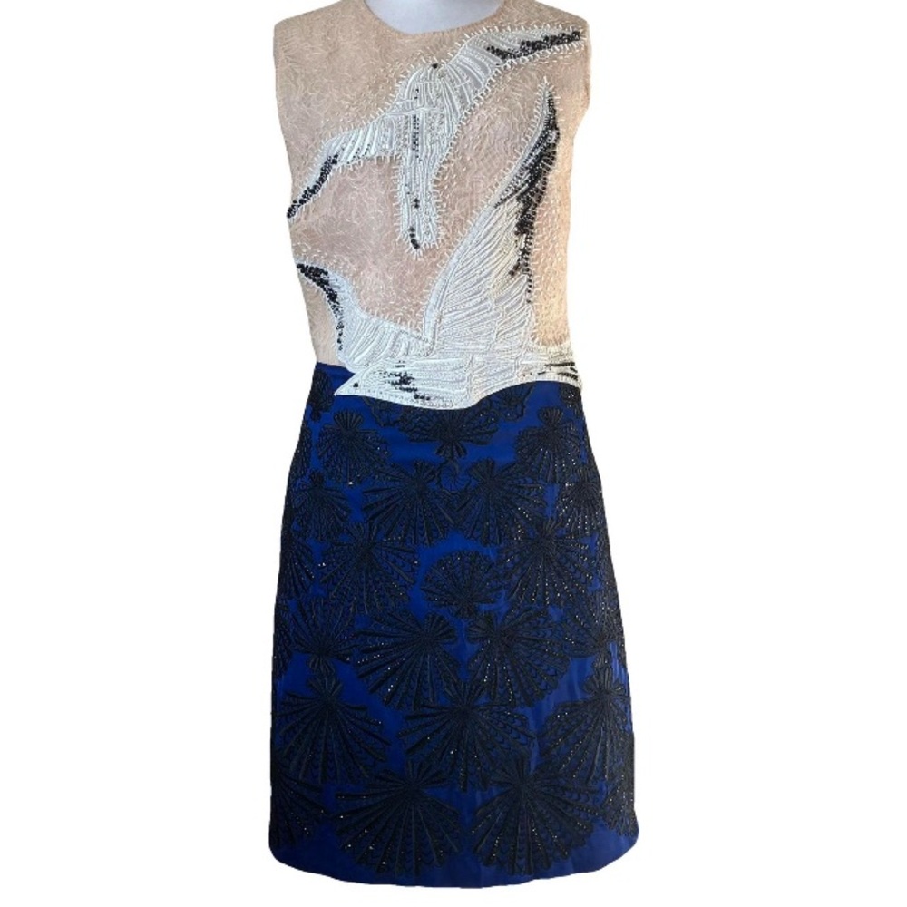 Emilio Pucci Blush Lace Beaded Bird Sleeveless Blue Scallop Shell Dress size 14 - Picture 1 of 15